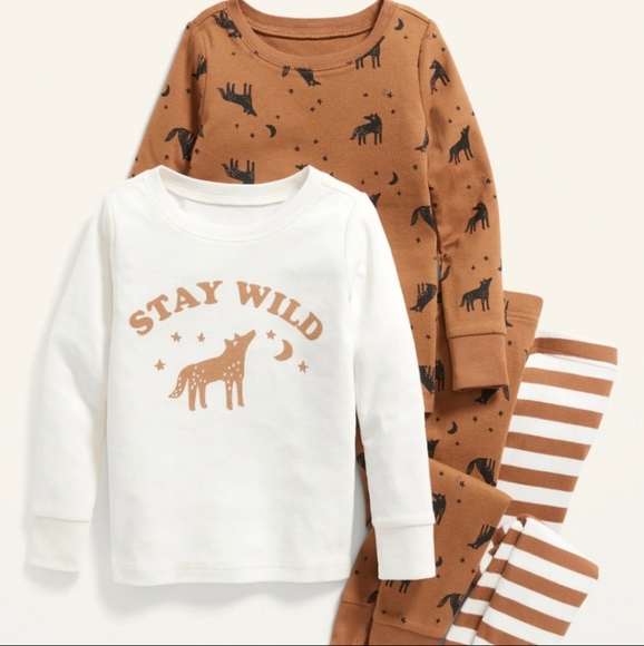 NWT Old Navy Pajama Set 4 pieces Winter Long Sleeve Pants Wolf Stay Wild - Picture 7 of 7